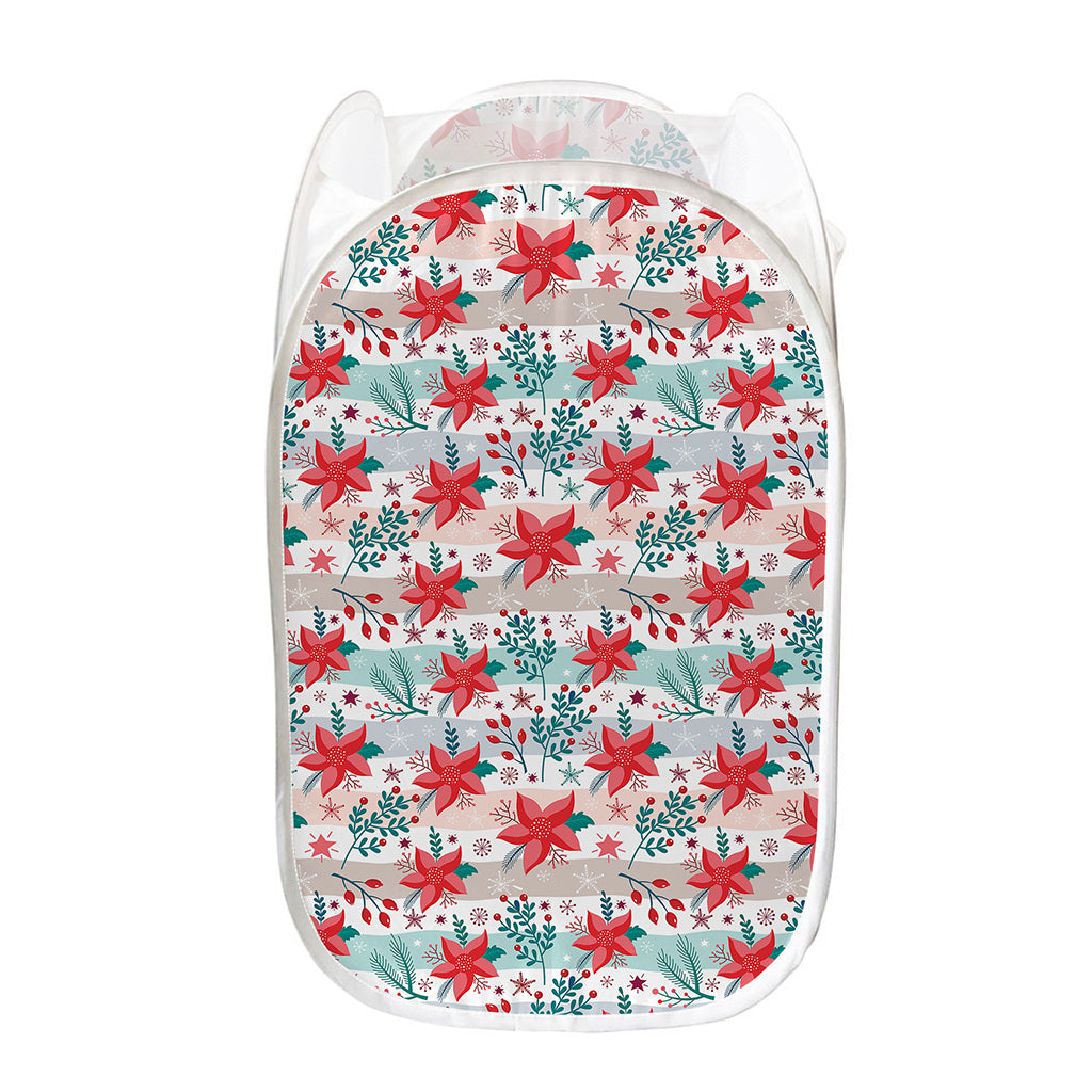 Cute Christmas Poinsettia Pattern Print Mesh Laundry Hamper