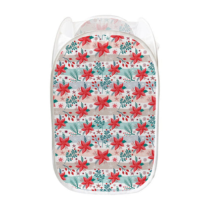 Cute Christmas Poinsettia Pattern Print Mesh Laundry Hamper