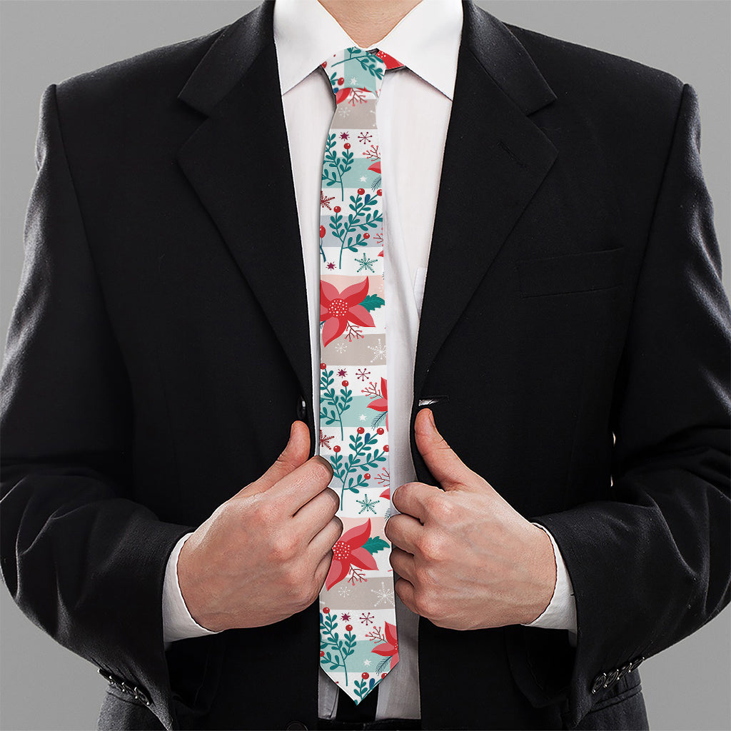 Cute Christmas Poinsettia Pattern Print Necktie