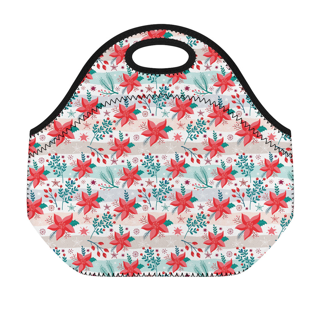 Cute Christmas Poinsettia Pattern Print Neoprene Lunch Bag