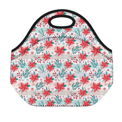 Cute Christmas Poinsettia Pattern Print Neoprene Lunch Bag