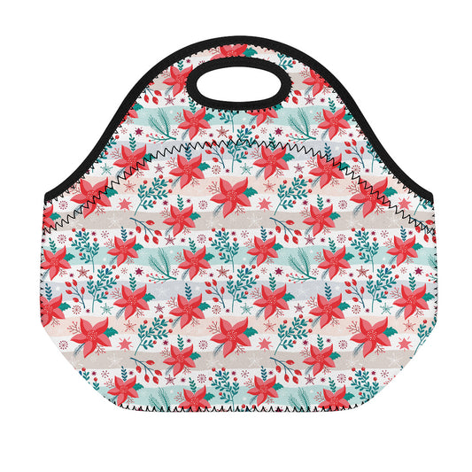 Cute Christmas Poinsettia Pattern Print Neoprene Lunch Bag