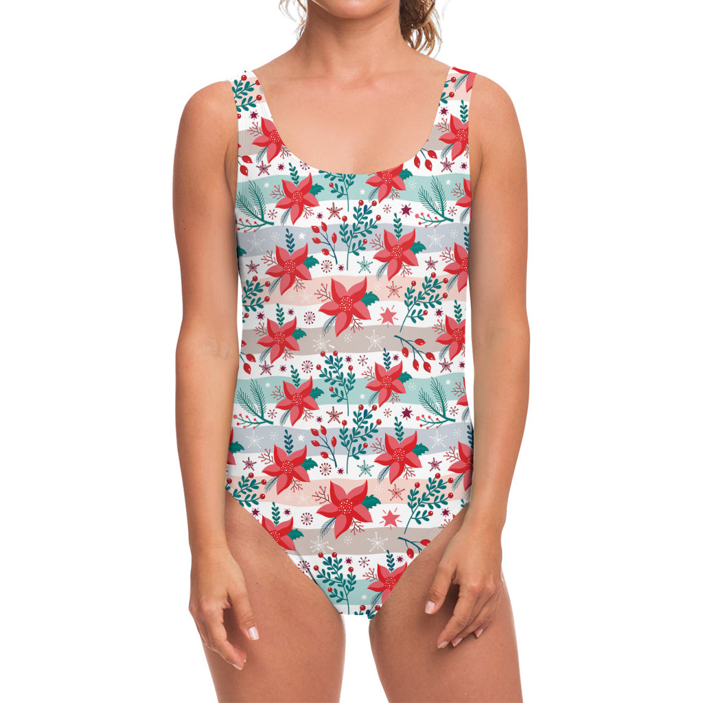 Cute Christmas Poinsettia Pattern Print One Piece Swimsuit