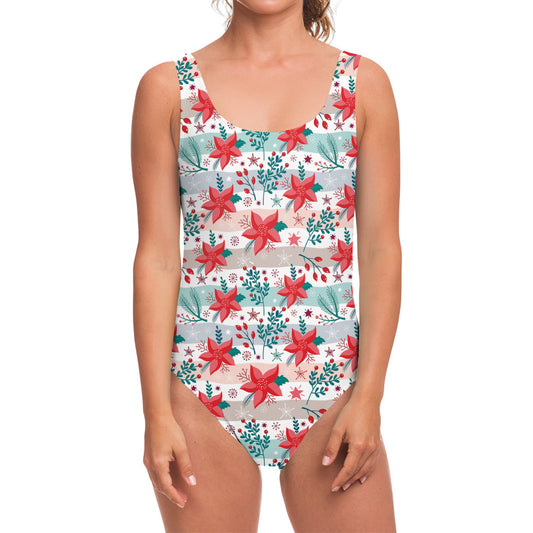 Cute Christmas Poinsettia Pattern Print One Piece Swimsuit