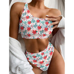 Cute Christmas Poinsettia Pattern Print One Shoulder Bikini Top