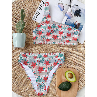 Cute Christmas Poinsettia Pattern Print One Shoulder Bikini Top