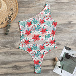 Cute Christmas Poinsettia Pattern Print One Shoulder Bodysuit
