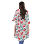 Cute Christmas Poinsettia Pattern Print Open Front Beach Cover Up