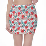 Cute Christmas Poinsettia Pattern Print Pencil Mini Skirt