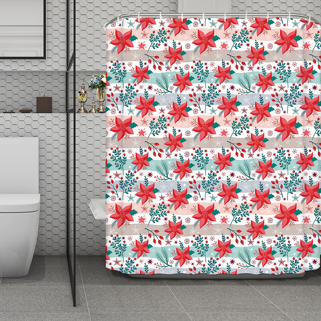 Cute Christmas Poinsettia Pattern Print Polyester Shower Curtain
