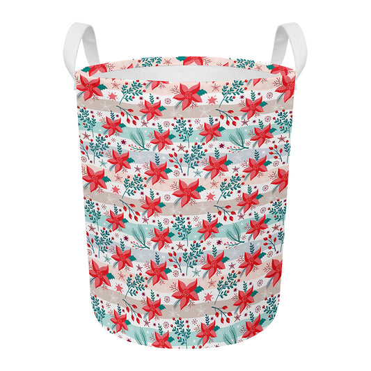Cute Christmas Poinsettia Pattern Print Round Laundry Basket