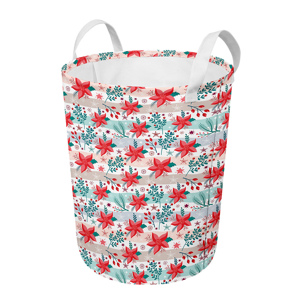 Cute Christmas Poinsettia Pattern Print Round Laundry Basket