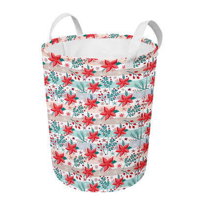 Cute Christmas Poinsettia Pattern Print Round Laundry Basket