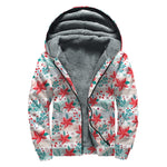 Cute Christmas Poinsettia Pattern Print Sherpa Lined Zip Up Hoodie