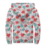 Cute Christmas Poinsettia Pattern Print Sherpa Lined Zip Up Hoodie