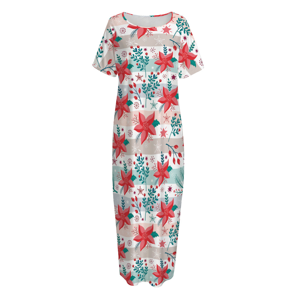 Cute Christmas Poinsettia Pattern Print Short Sleeve Long Nightdress