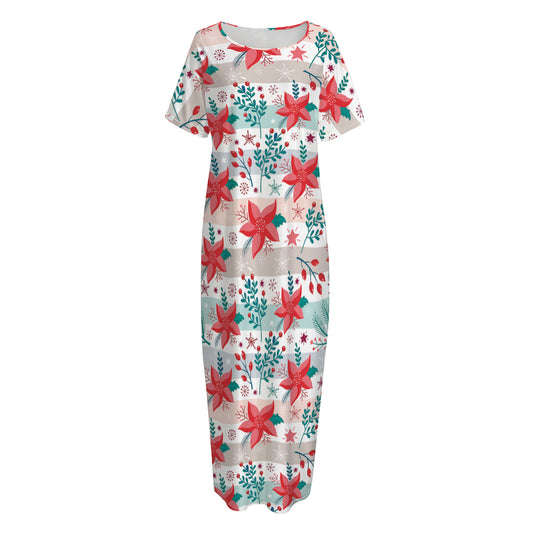 Cute Christmas Poinsettia Pattern Print Short Sleeve Long Nightdress