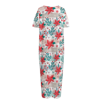 Cute Christmas Poinsettia Pattern Print Short Sleeve Long Nightdress