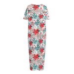 Cute Christmas Poinsettia Pattern Print Short Sleeve Long Nightdress