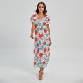 Cute Christmas Poinsettia Pattern Print Short Sleeve Maxi Dress