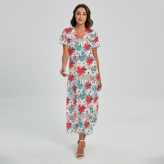 Cute Christmas Poinsettia Pattern Print Short Sleeve Maxi Dress
