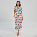 Cute Christmas Poinsettia Pattern Print Short Sleeve Maxi Dress