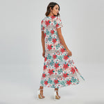 Cute Christmas Poinsettia Pattern Print Short Sleeve Maxi Dress