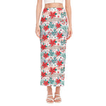 Cute Christmas Poinsettia Pattern Print Side Slit Maxi Skirt