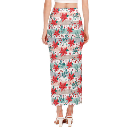 Cute Christmas Poinsettia Pattern Print Side Slit Maxi Skirt