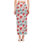 Cute Christmas Poinsettia Pattern Print Side Slit Maxi Skirt