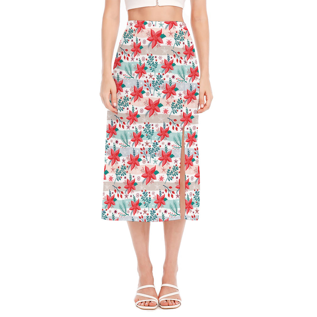 Cute Christmas Poinsettia Pattern Print Side Slit Midi Skirt