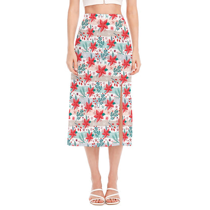 Cute Christmas Poinsettia Pattern Print Side Slit Midi Skirt