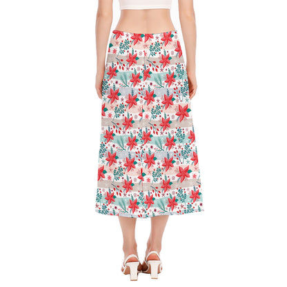 Cute Christmas Poinsettia Pattern Print Side Slit Midi Skirt