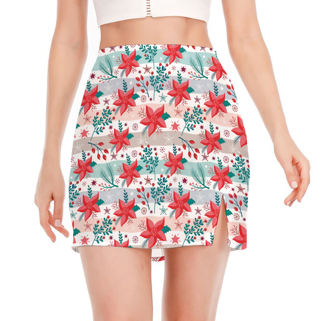 Cute Christmas Poinsettia Pattern Print Side Slit Mini Skirt