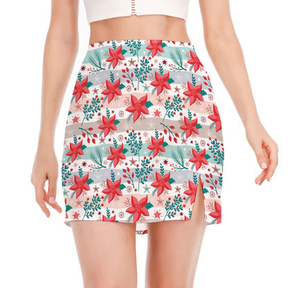 Cute Christmas Poinsettia Pattern Print Side Slit Mini Skirt