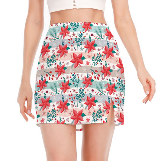 Cute Christmas Poinsettia Pattern Print Side Slit Mini Skirt