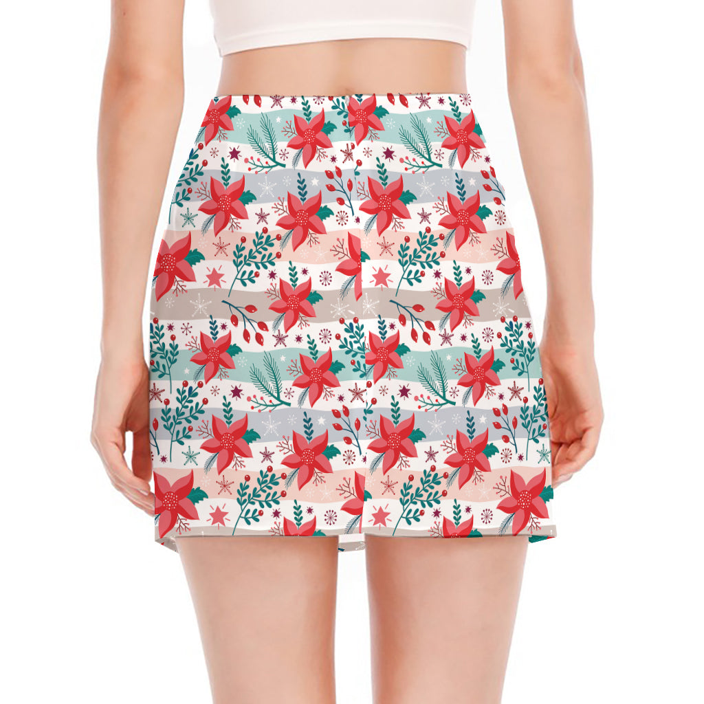 Cute Christmas Poinsettia Pattern Print Side Slit Mini Skirt