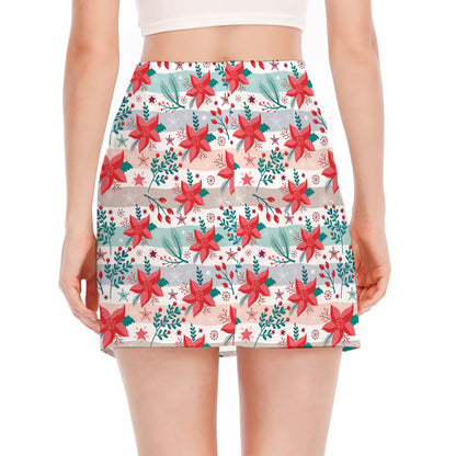 Cute Christmas Poinsettia Pattern Print Side Slit Mini Skirt