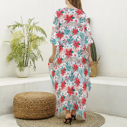 Cute Christmas Poinsettia Pattern Print Silk V-Neck Kaftan Dress
