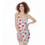 Cute Christmas Poinsettia Pattern Print Sleeveless Bodycon Dress