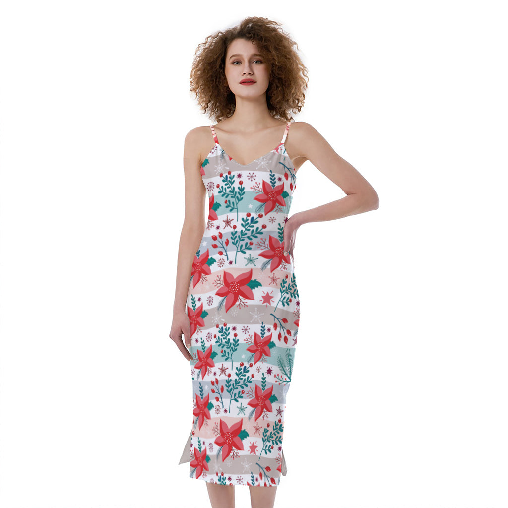 Cute Christmas Poinsettia Pattern Print Slim Fit Midi Cami Dress