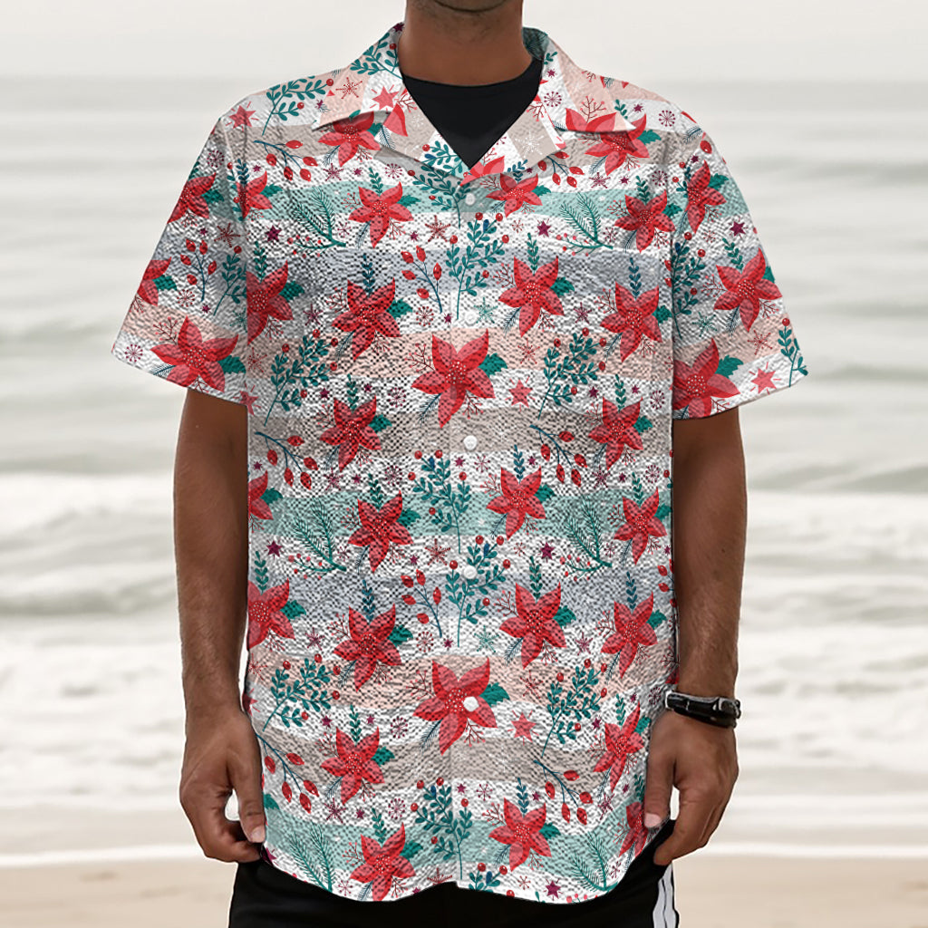 Cute Christmas Poinsettia Pattern Print Textured Short Sleeve Shirt