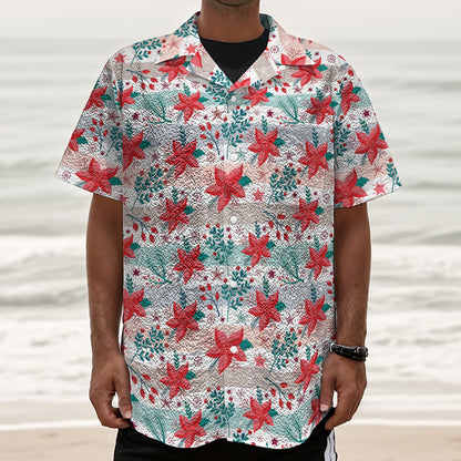 Cute Christmas Poinsettia Pattern Print Textured Short Sleeve Shirt