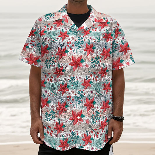Cute Christmas Poinsettia Pattern Print Textured Short Sleeve Shirt