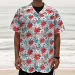 Cute Christmas Poinsettia Pattern Print Textured Short Sleeve Shirt