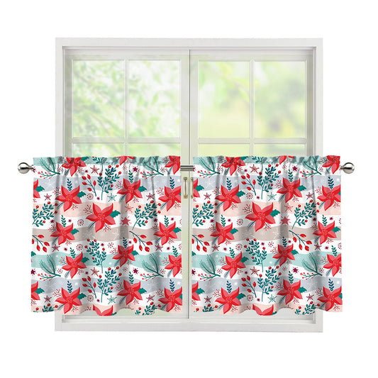 Cute Christmas Poinsettia Pattern Print Tier Curtains