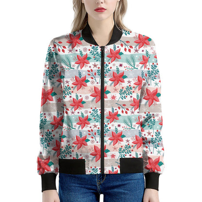 Cute Christmas Poinsettia Pattern Print Women's Bomber Jacket
