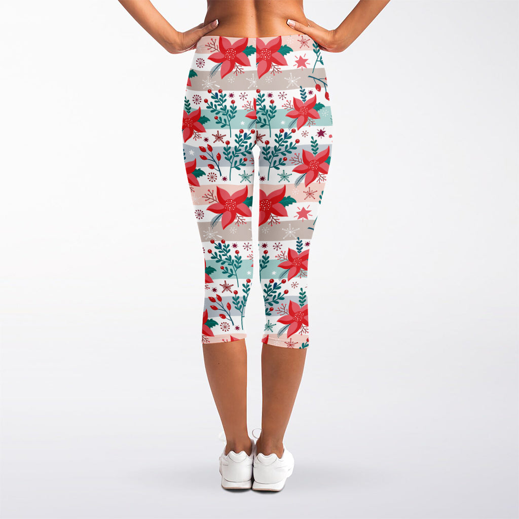 Cute Christmas Poinsettia Pattern Print Women's Capri Leggings