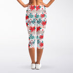 Cute Christmas Poinsettia Pattern Print Women's Capri Leggings