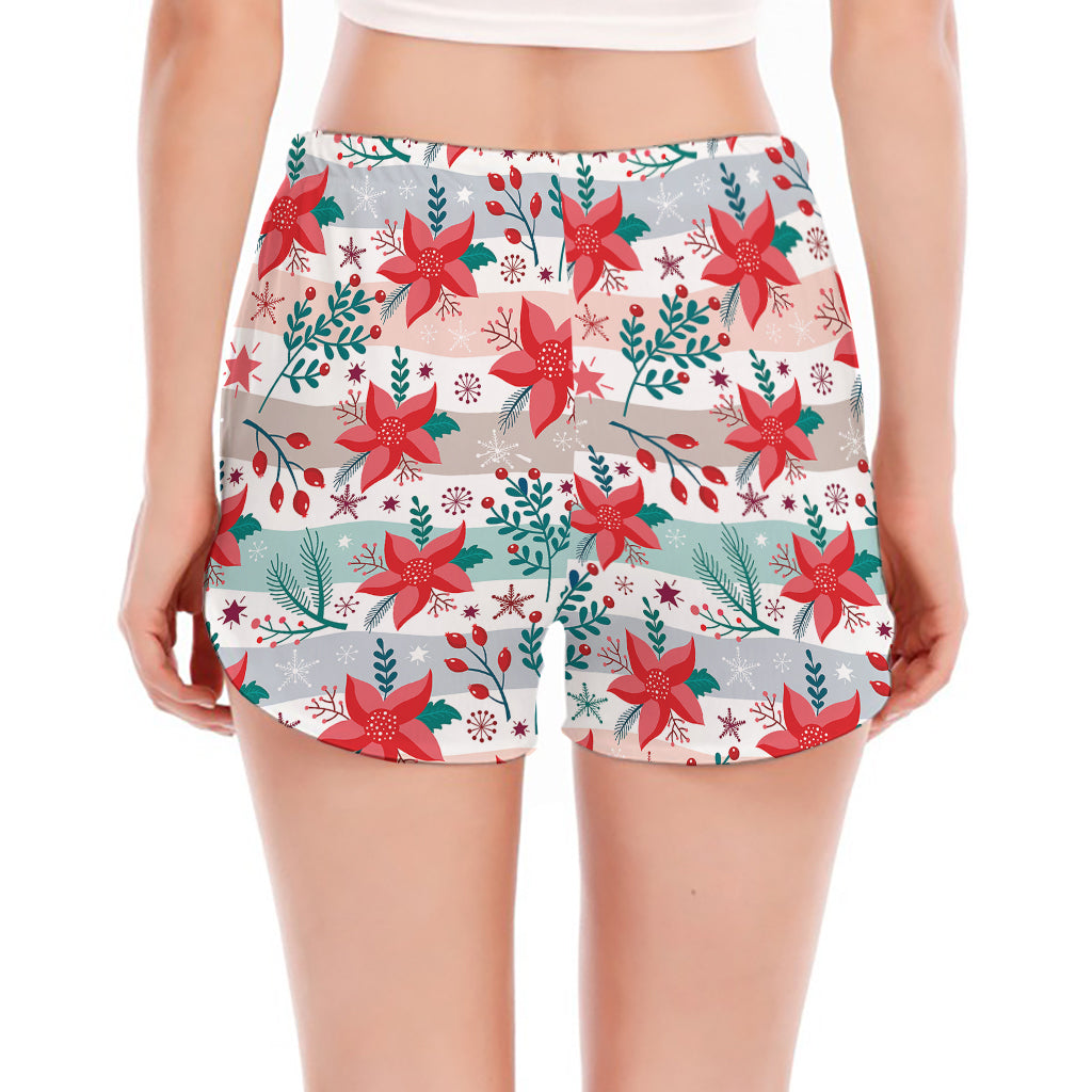 Cute Christmas Poinsettia Pattern Print Women's Split Running Shorts